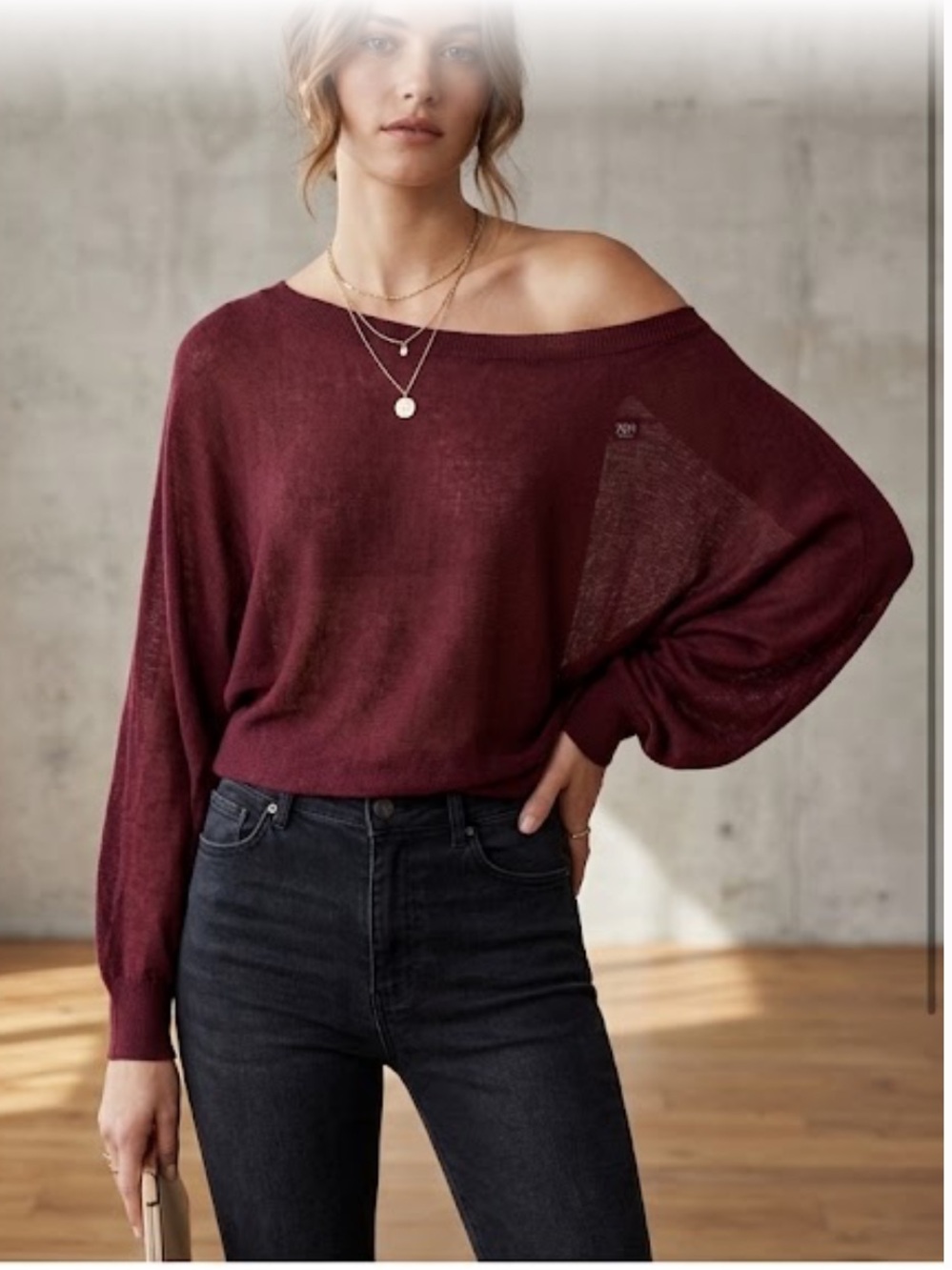 ZARA Knit Off Shoulder Batwing, Dolman Sleeves, Sheer Sweater - Burgundy - M